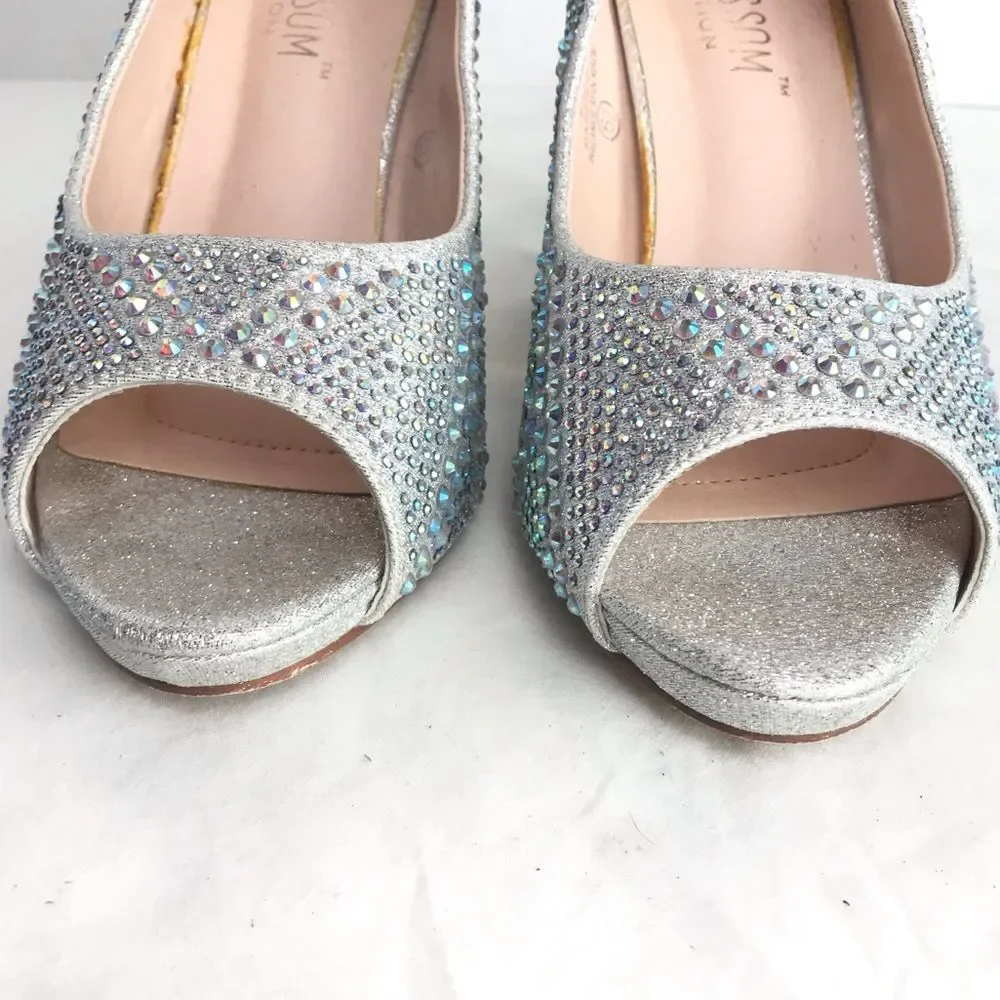 Silver Jeweled Chunky Heels Size 6.5 Wedding Bridal Bling De Blossom Fay 3